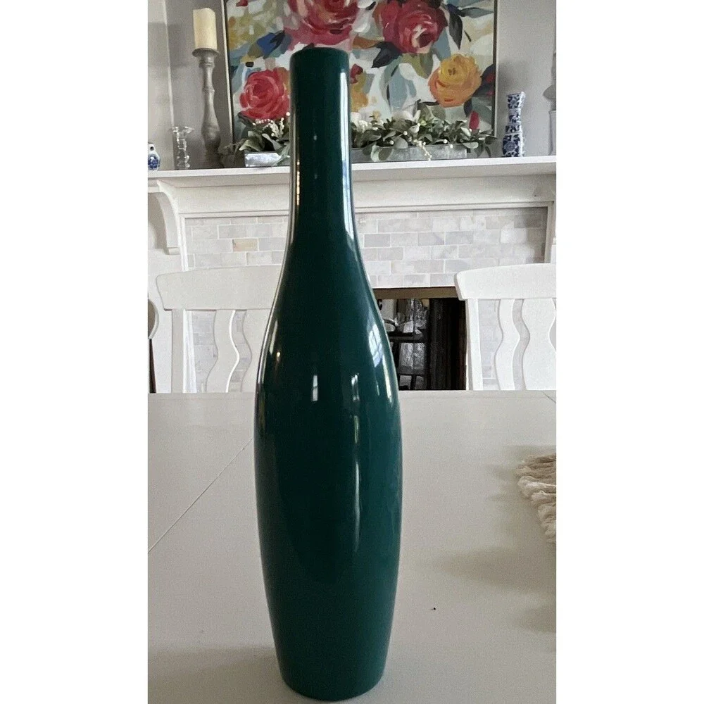 CB2 Glossy Teal Green Ceramic Vase, Mid Century Modern Decorative Freestanding